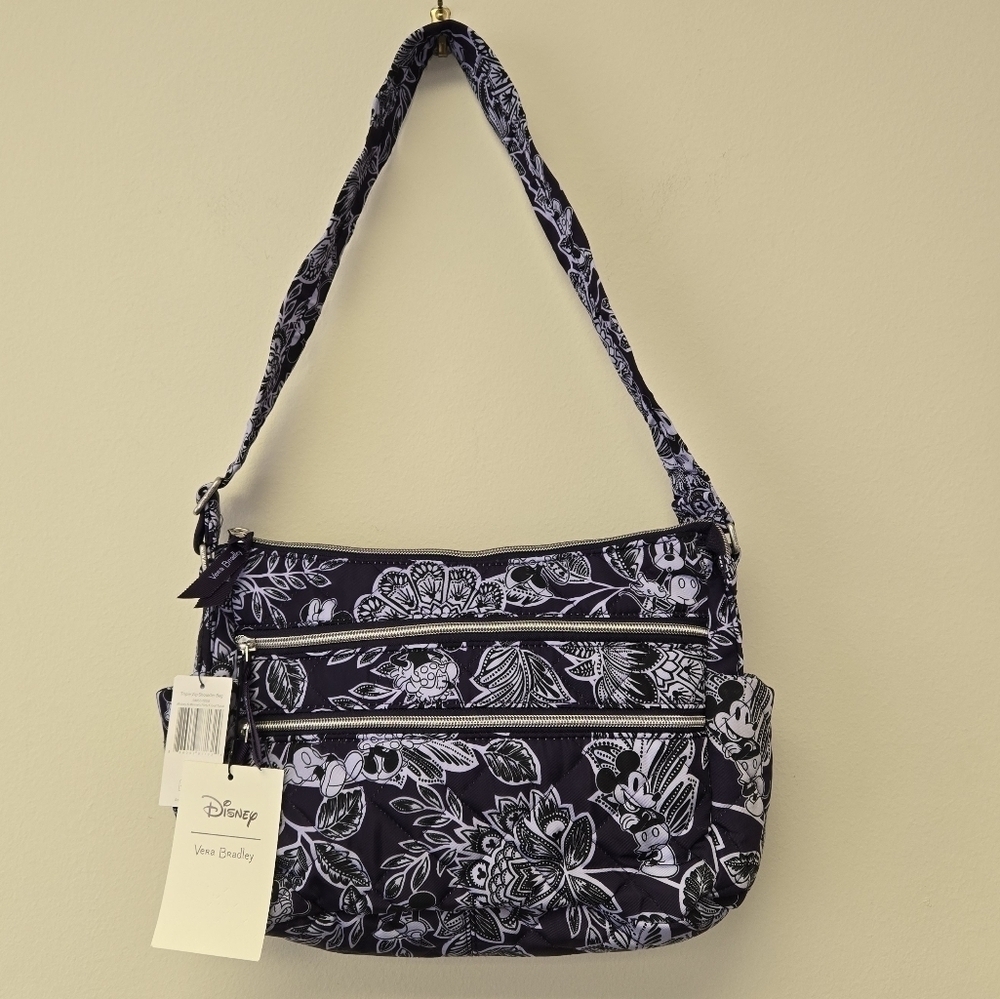 Vera Bradley Disney Mickey Minnie Flirty Floral Tonal Triple Zip Shoulder Bag